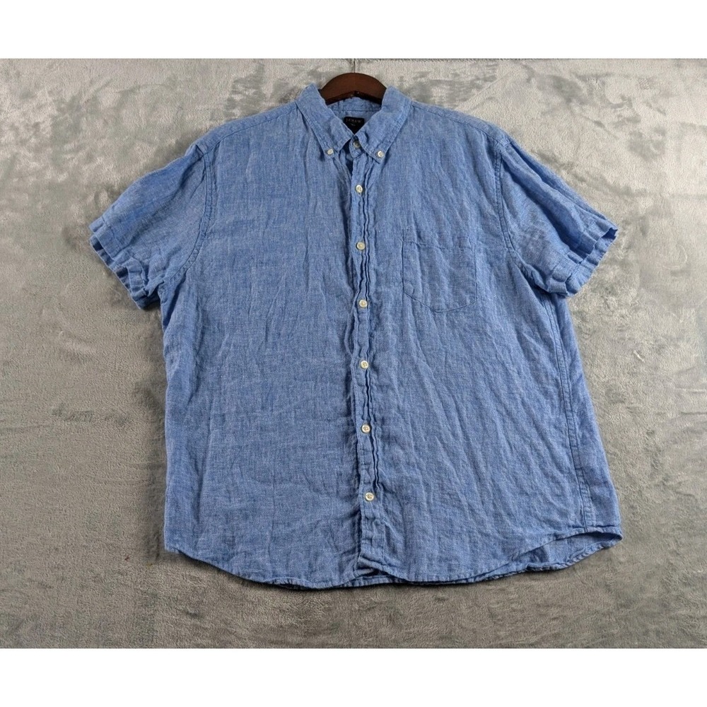 J. Crew Shirt Mens XL Blue 100% Linen Button Down Short Sleeve Casual Summer